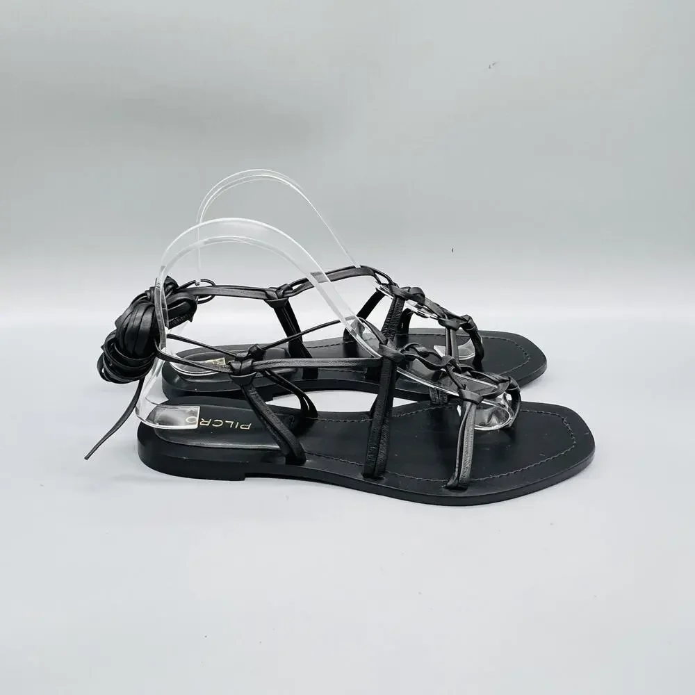 Pilcro Anthropologie Sandals Women 7 Black Leather Lace Up Ankle Wrap Gladiator